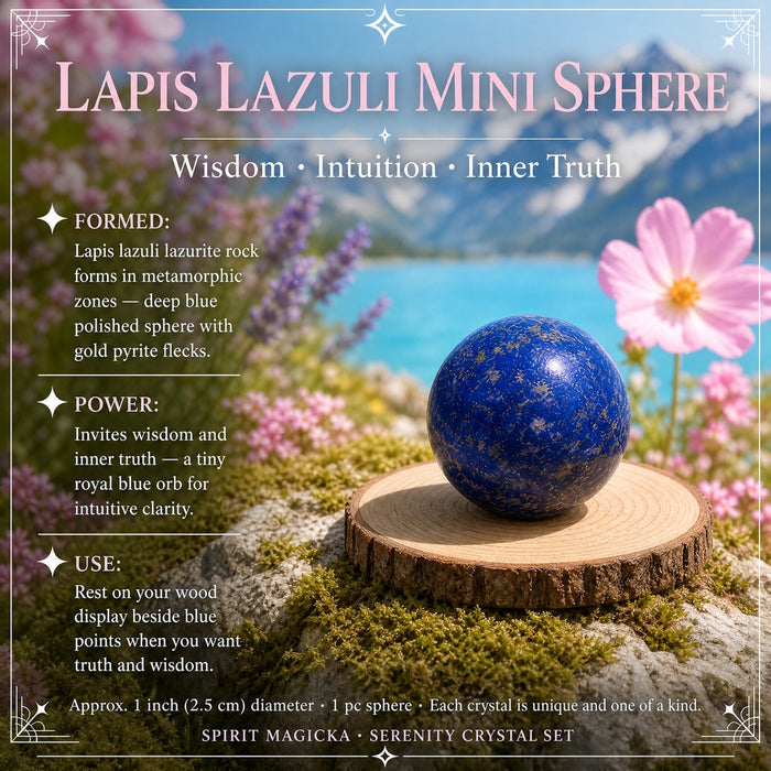 Polished lapis lazuli mini sphere, deep blue flecked with gold pyrite