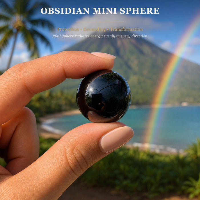 A small polished obsidian sphere held between two fingers