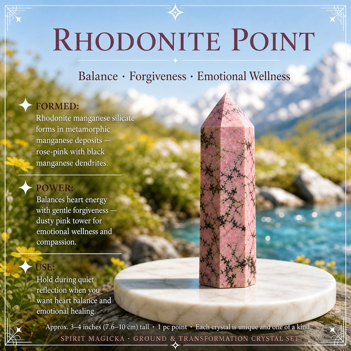 Pink rhodonite point with black dendrite veining on a marble dish