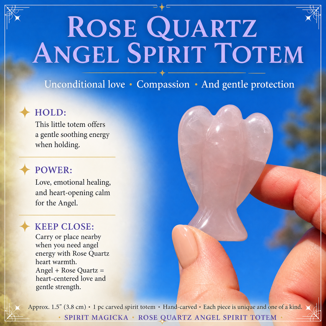 Rose quartz angel held between thumb and fingers against a blue sky