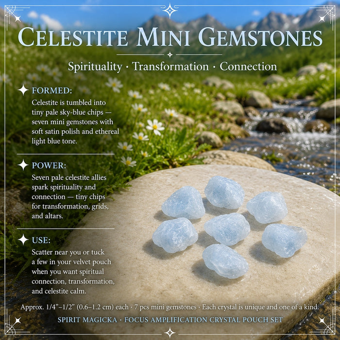 Seven pale sky-blue celestite mini gemstones on a stone tray