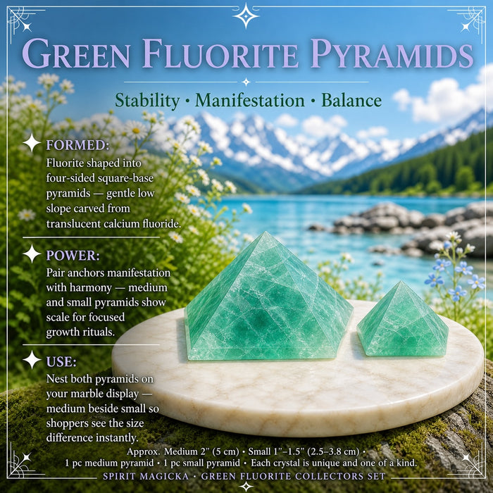 A medium and a small green fluorite pyramid side by side on a marble disc