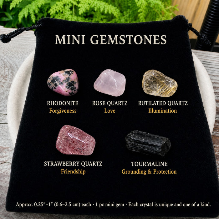 Rhodonite, Rose Quartz, Rutilated Quartz, Strawberry Quartz and Tourmaline mini gemstones