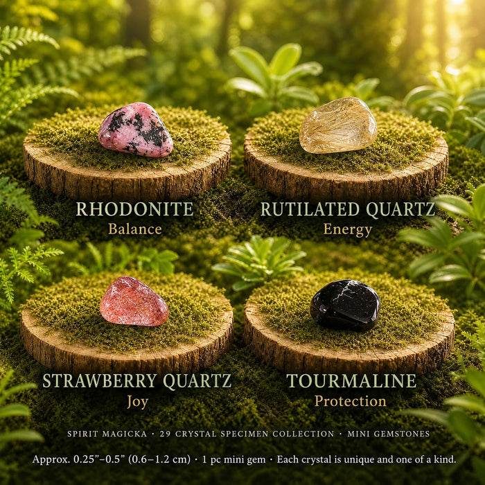 Mini rhodonite, rutilated quartz, strawberry quartz and tourmaline on moss-topped wood slices