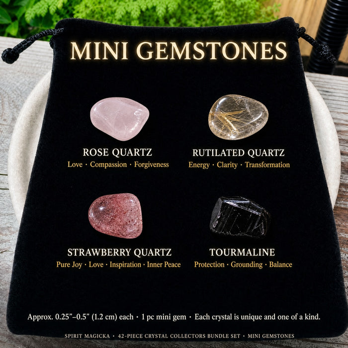 Mini gemstones: Rose Quartz, Rutilated Quartz, Strawberry Quartz and Tourmaline