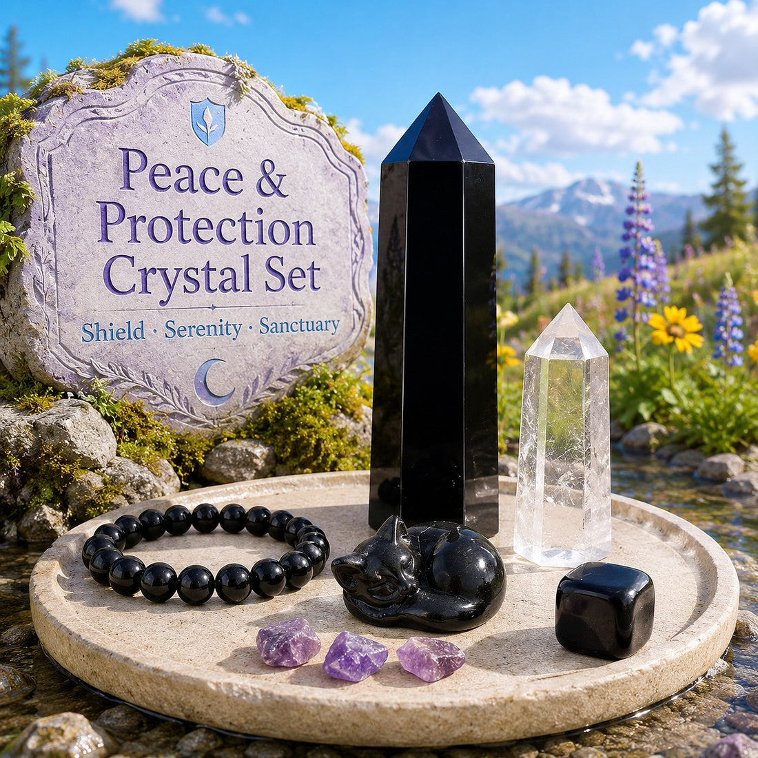 Tall obsidian generator, clear quartz point, obsidian bead bracelet, black agate sleeping cat, obsidian cube and three rough amethyst pieces gathered on a round stone tray beside a mountain stream