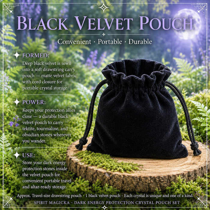 A black velvet drawstring pouch standing on a wooden slice