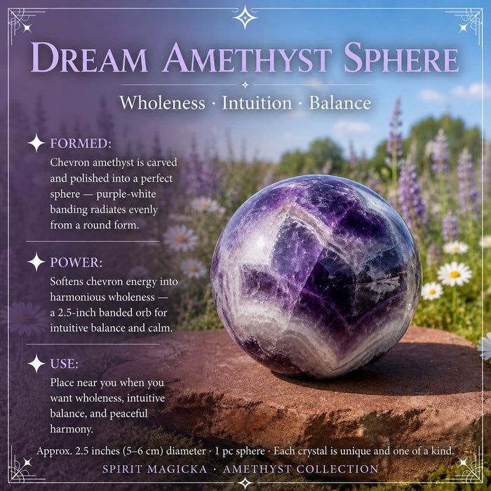 A dream amethyst sphere with purple and white banding resting on a stone