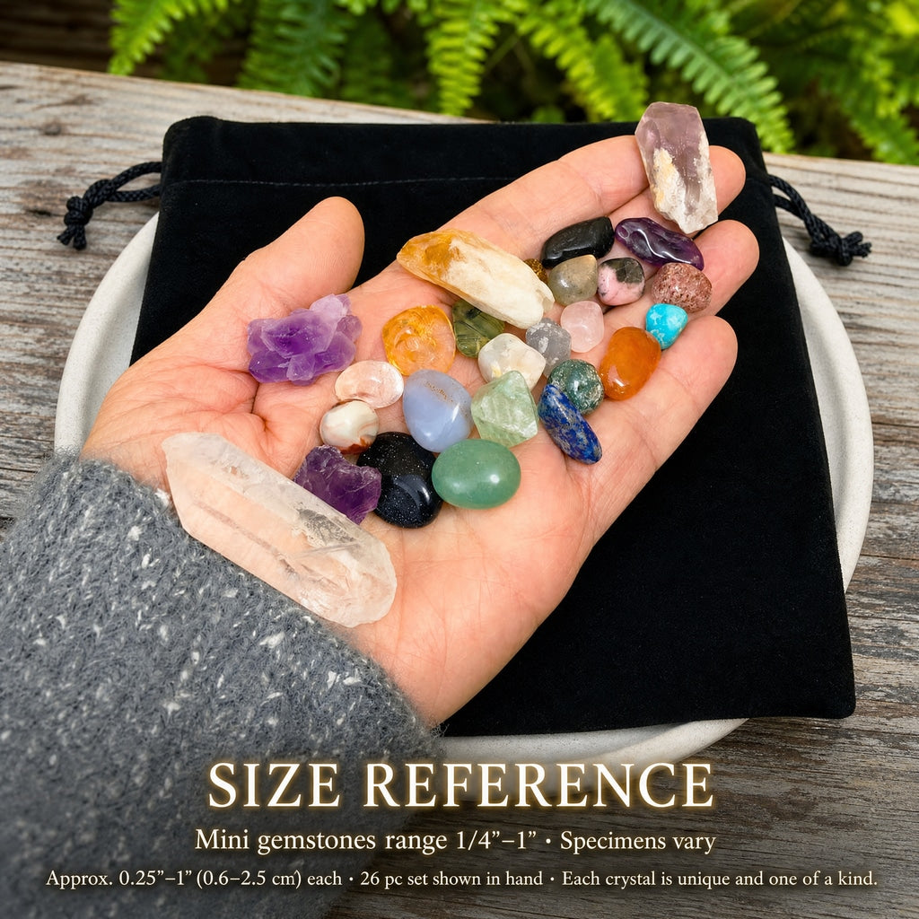 The full set of 26 crystals held in one open hand above the black velvet pouch