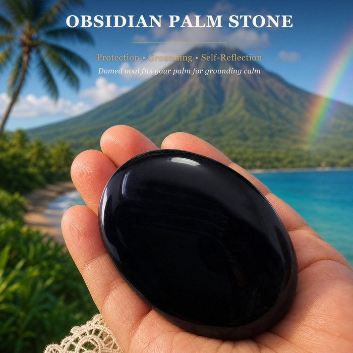A domed oval obsidian palm stone resting in an open hand