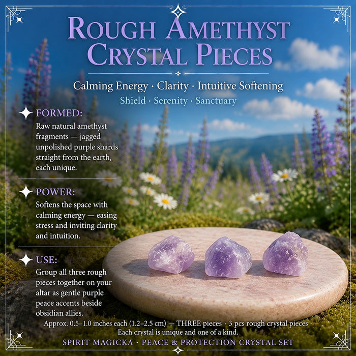 Three rough pale purple amethyst pieces in a row on a round stone
