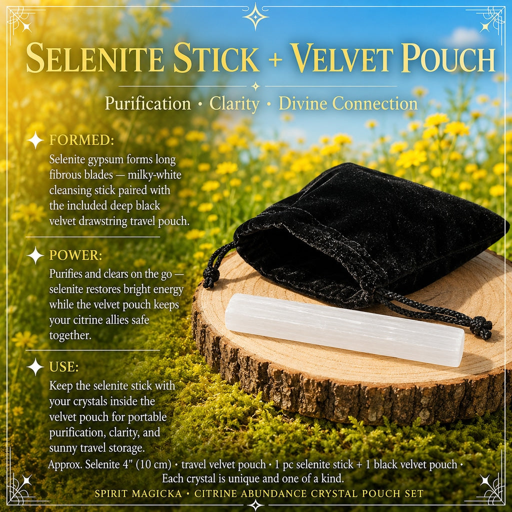 A milky white selenite stick in front of a black velvet drawstring pouch on a wooden round