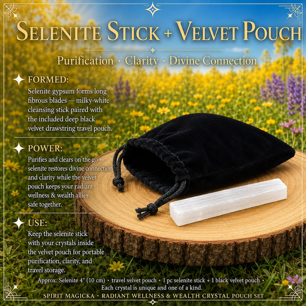 A white selenite stick beside a black velvet drawstring pouch on a wooden slice in a flower meadow