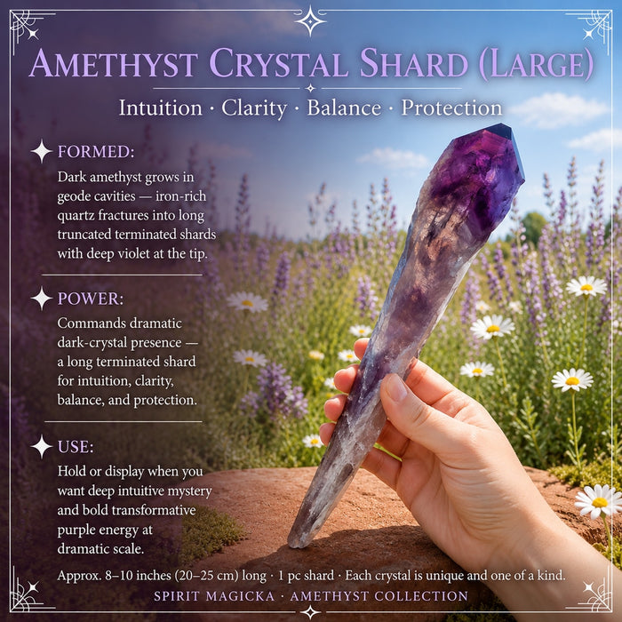 A long dark amethyst crystal shard held in one hand, deep violet at its tip