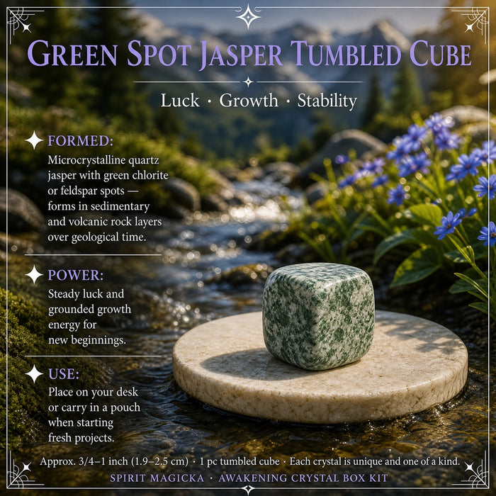 Green spot jasper tumbled cube with white and green speckles