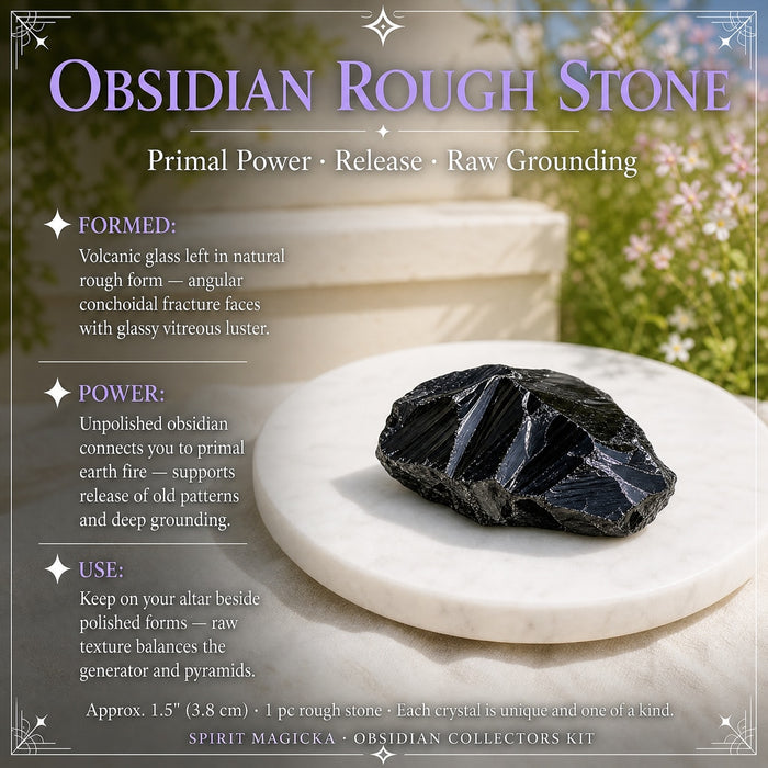 Rough obsidian stone with glassy, angular fractured faces on a white marble platter