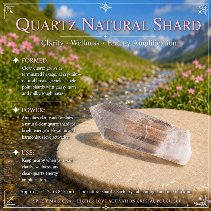 A clear quartz natural shard with glassy faces and a milky base, lying on a stone slab
