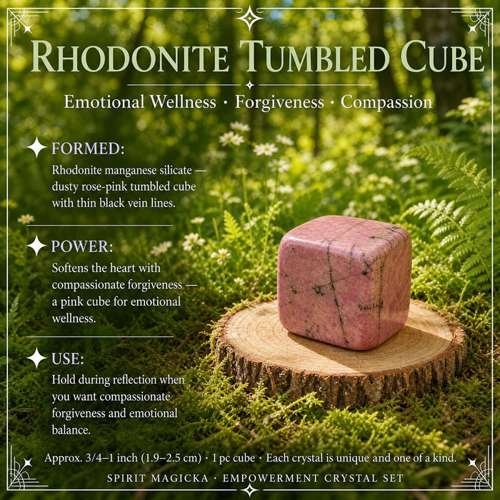 A dusty pink rhodonite tumbled cube with thin black veins on a wood slice