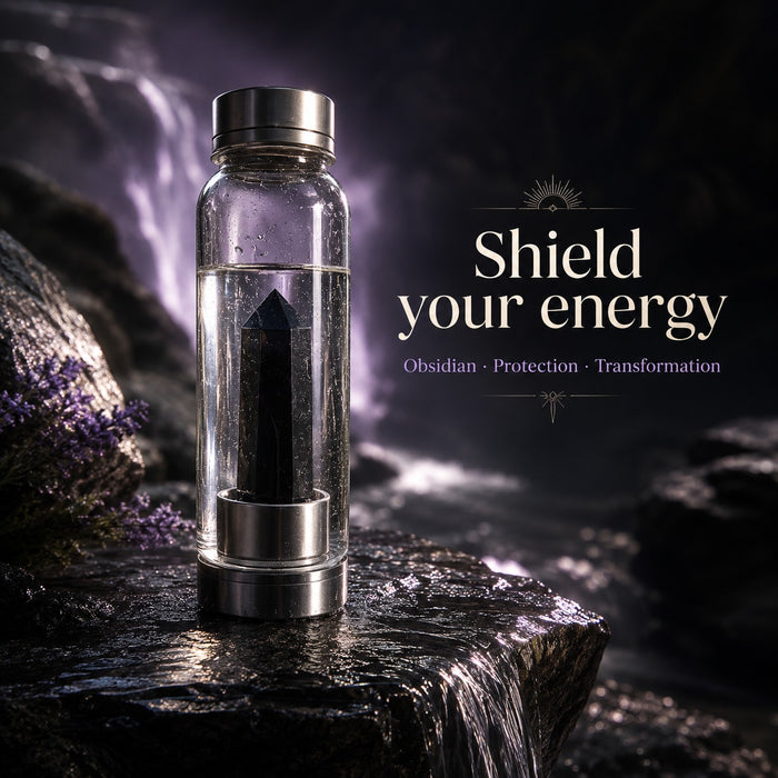 Water bottle with a black obsidian point insert on a dark wet rock by a waterfall