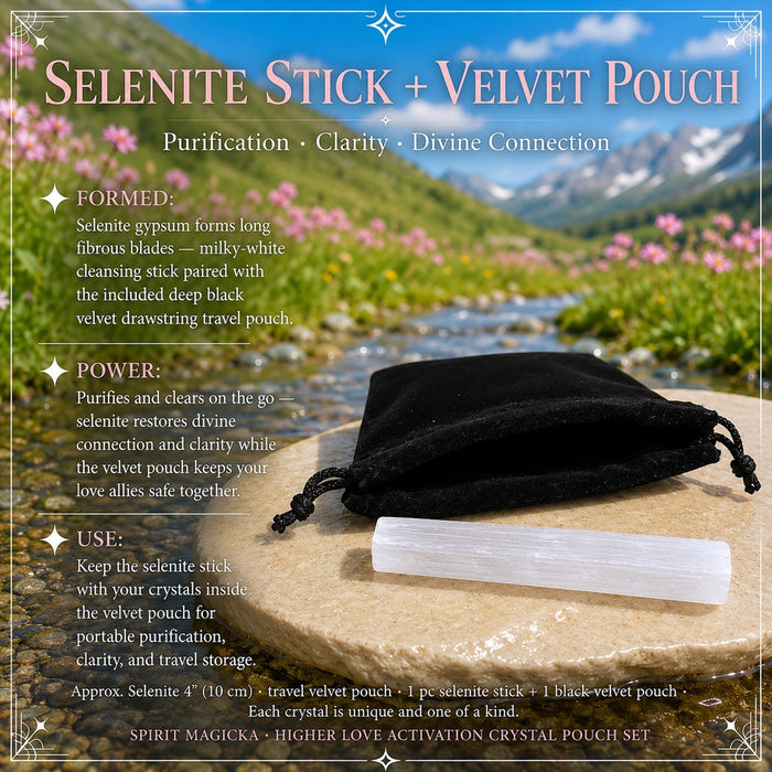 A milky white selenite stick in front of the black velvet drawstring pouch on a stone slab