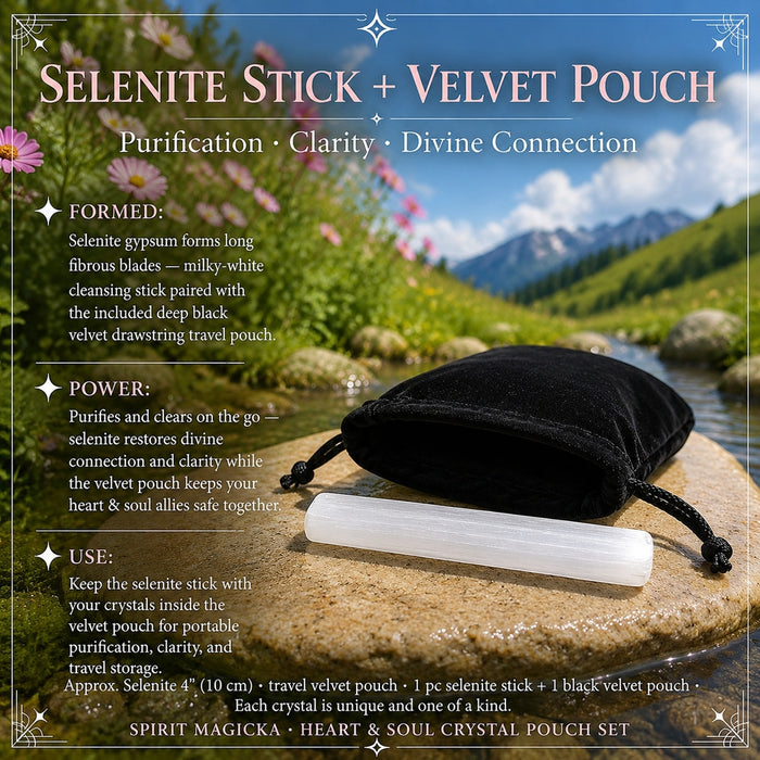 White selenite stick in front of the black velvet drawstring pouch