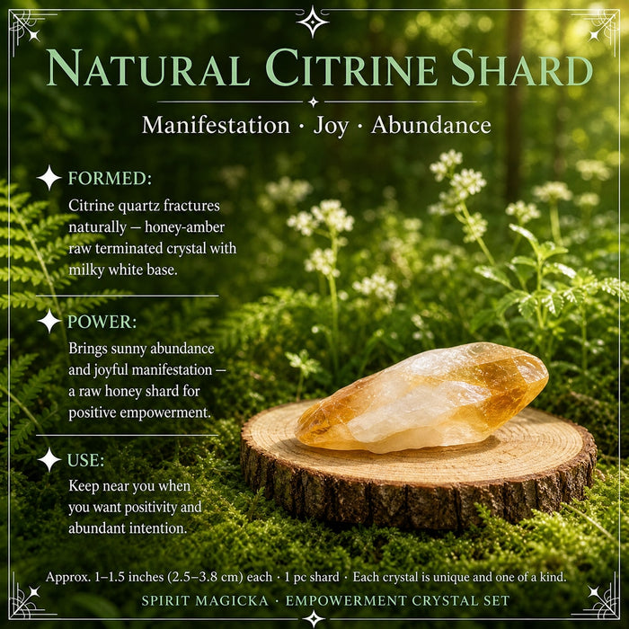 A raw honey-amber citrine shard with a milky base lying on a wood slice