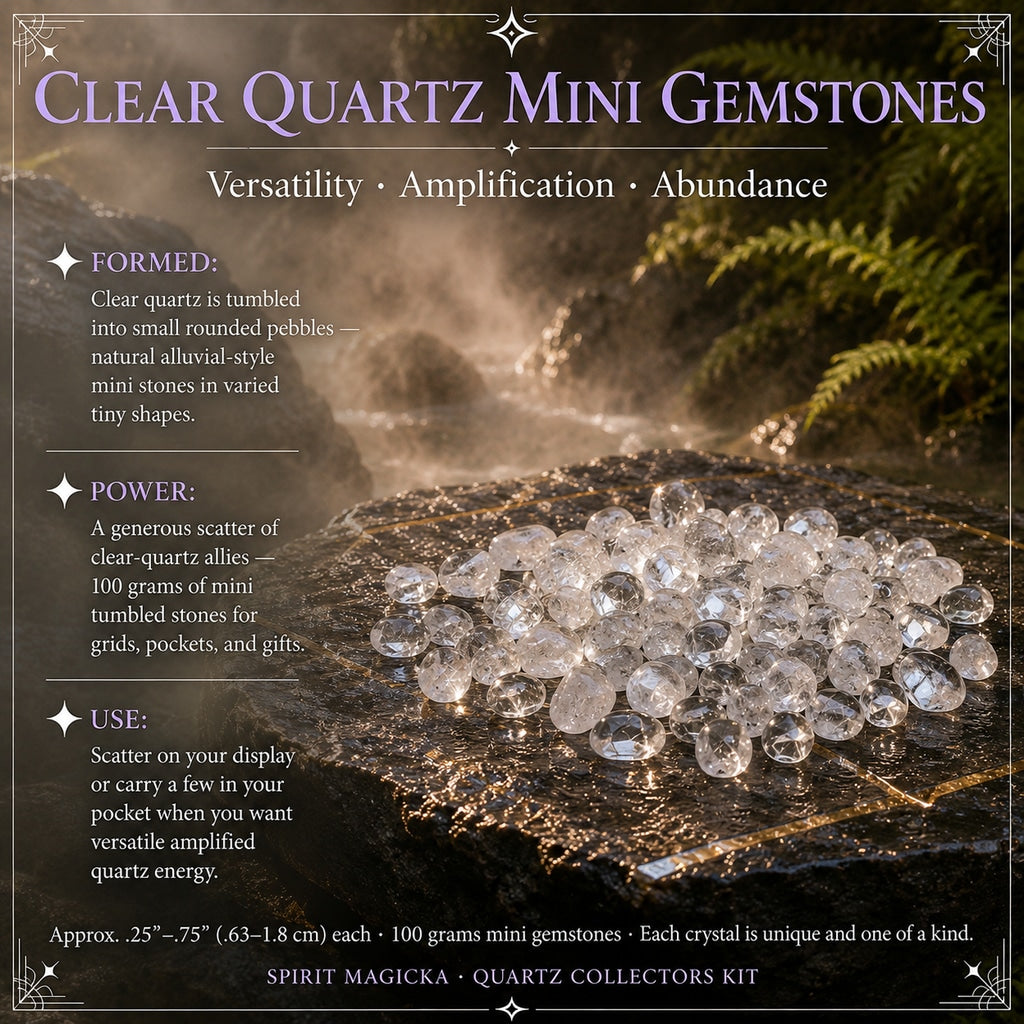 A mound of small tumbled clear quartz gemstones on dark stone