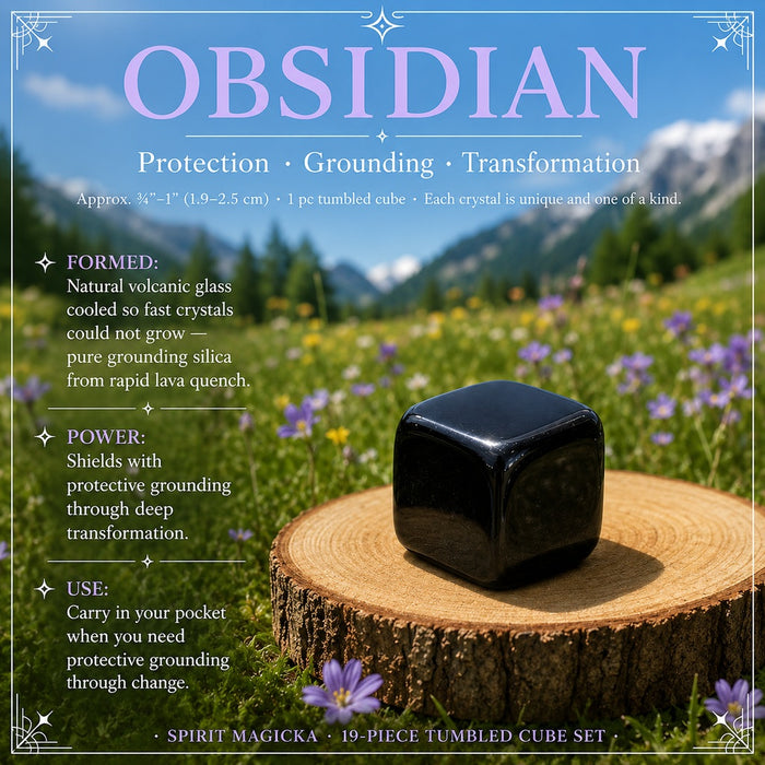 Obsidian tumbled cube on a wooden round in a wildflower meadow