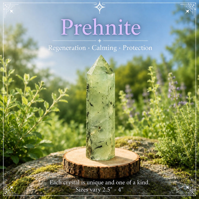 Prehnite crystal point, pale green with dark inclusions