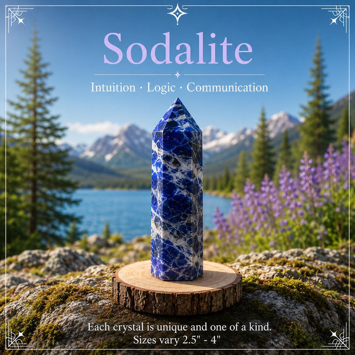 Sodalite crystal point, deep blue with white veining