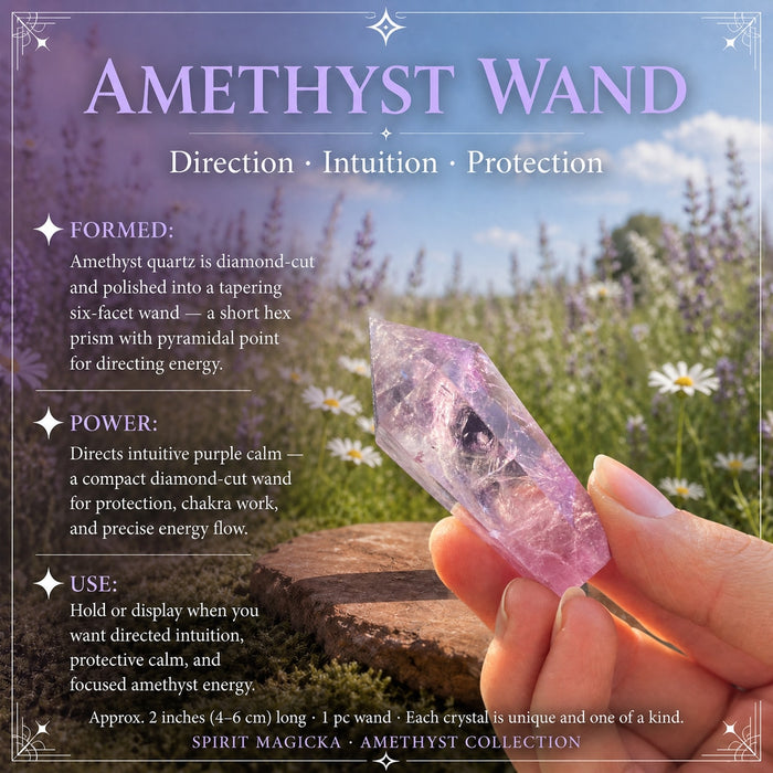 A small faceted amethyst wand held between finger and thumb