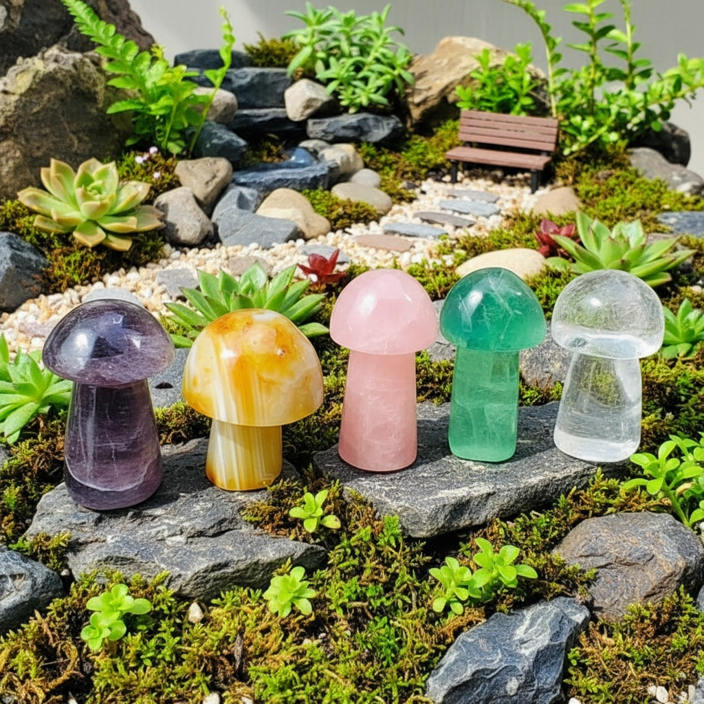 The five gemstone mushrooms in a row on garden rocks: purple fluorite, carnelian, rose quartz, green fluorite and clear quartz