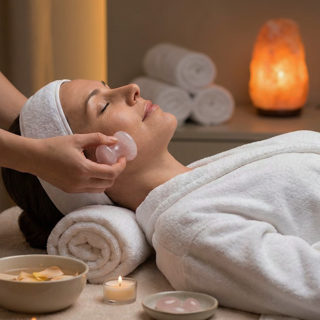 The rose quartz mushroom massager pressed gently against the cheek during a relaxing spa facial