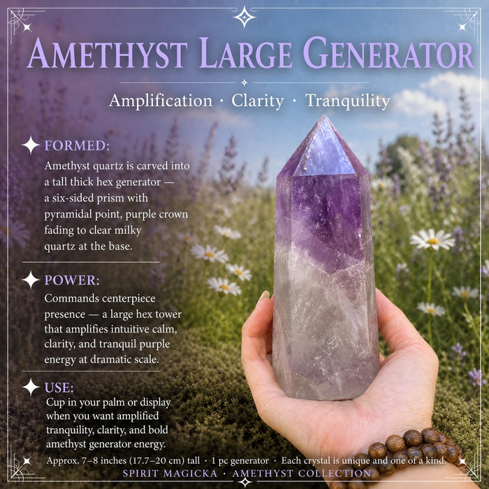 A large amethyst generator held upright in an open hand, purple at the tip fading to milky quartz at the base