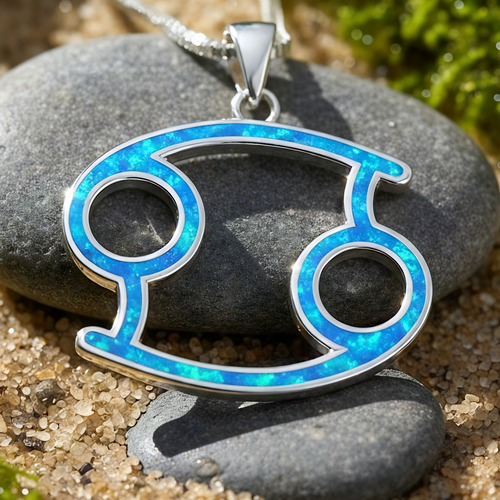 Close-up of the Cancer glyph pendant inlaid with blue opal in a sterling silver setting, resting on smooth stones