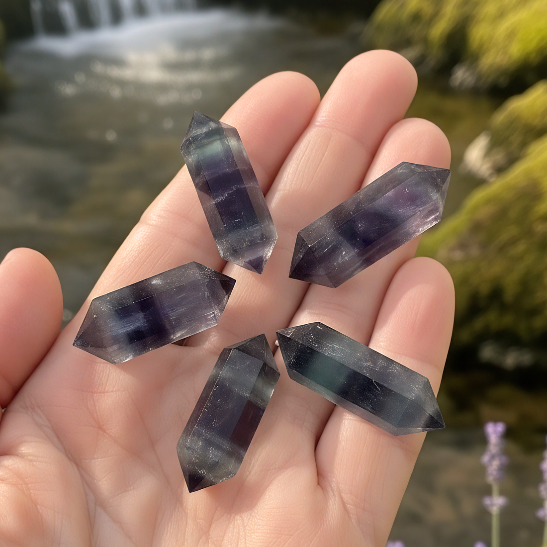Five mini rainbow fluorite double points fanned across an open palm beside a waterfall