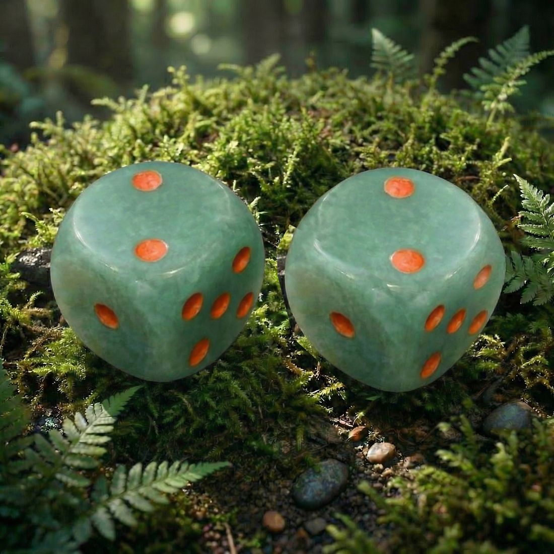 Two soft green aventurine dice with orange pips resting on forest moss