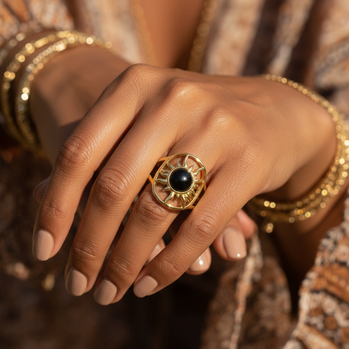 Black Onyx & Gold Solar Power Ring