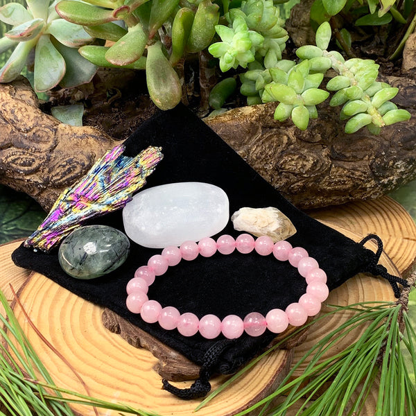 Rosenquarz-Mala-Armband-Tranquility-Beutel-Set