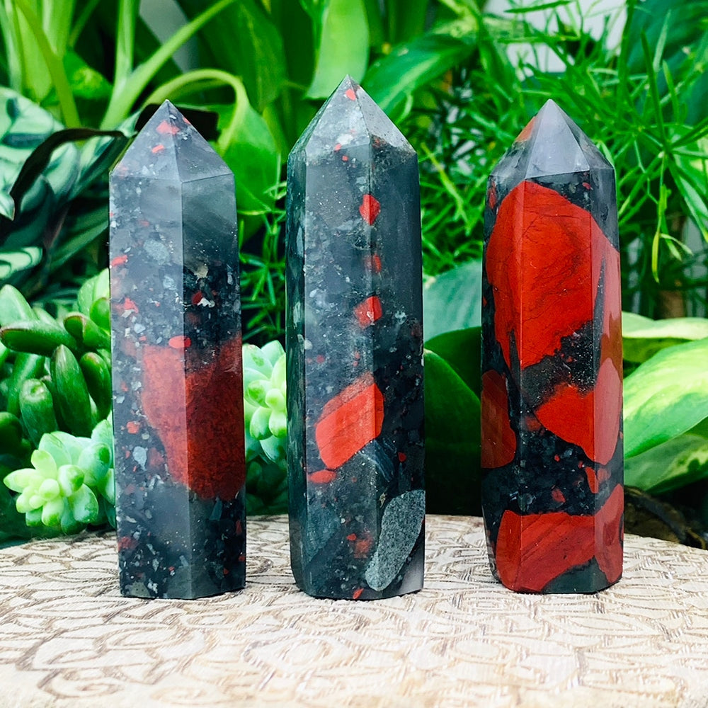 Three polished African bloodstone points in dark green with bold red patches, standing in front of green plants