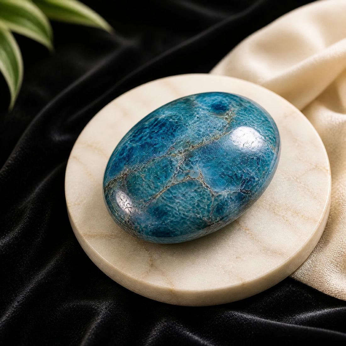 A polished oval apatite palmstone in deep blue and blue-green with fine pale veins, on a marble dish