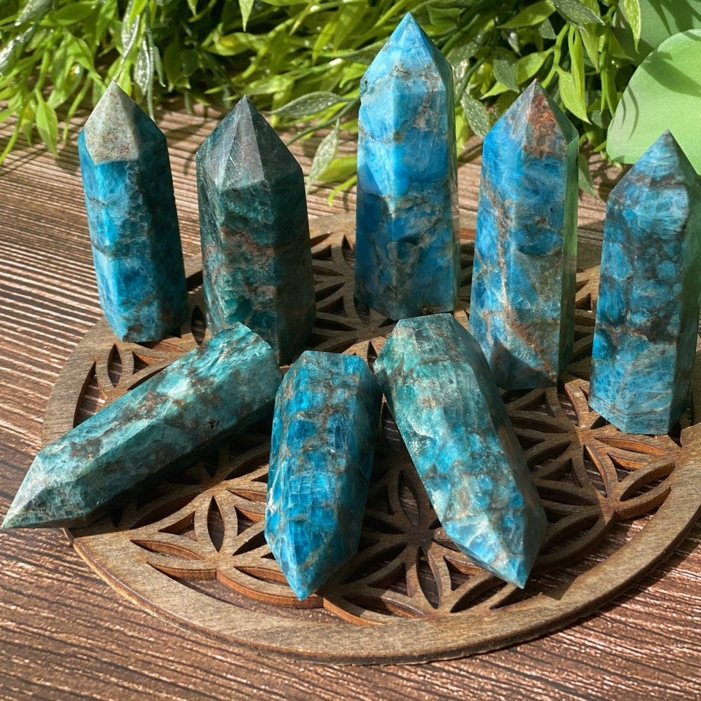 A group of blue apatite points on a carved wooden flower-of-life board, each a different shade and pattern