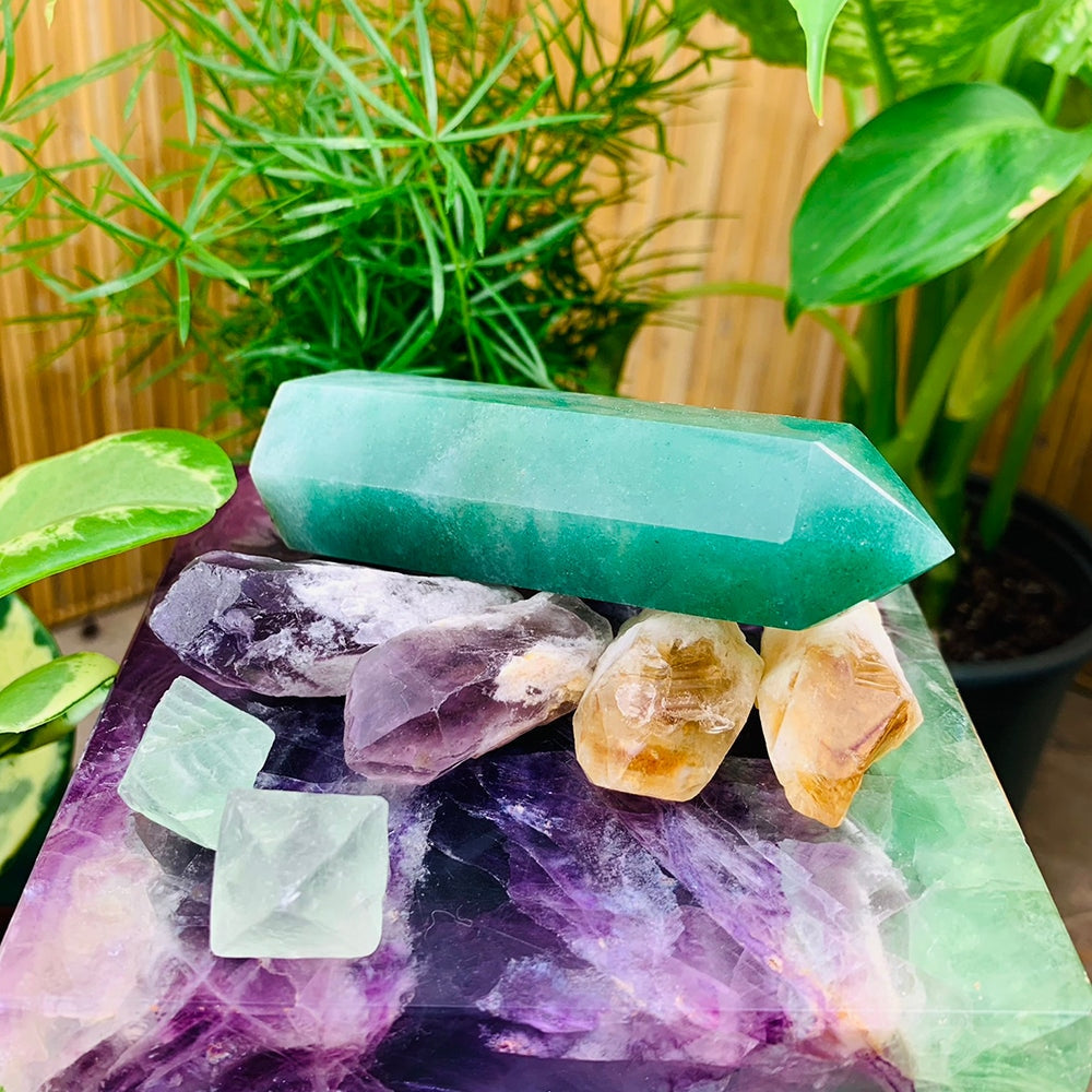 A green aventurine point lying above two amethyst shards, two citrine shards and two green fluorite octahedrons on a slab of purple fluorite among houseplants