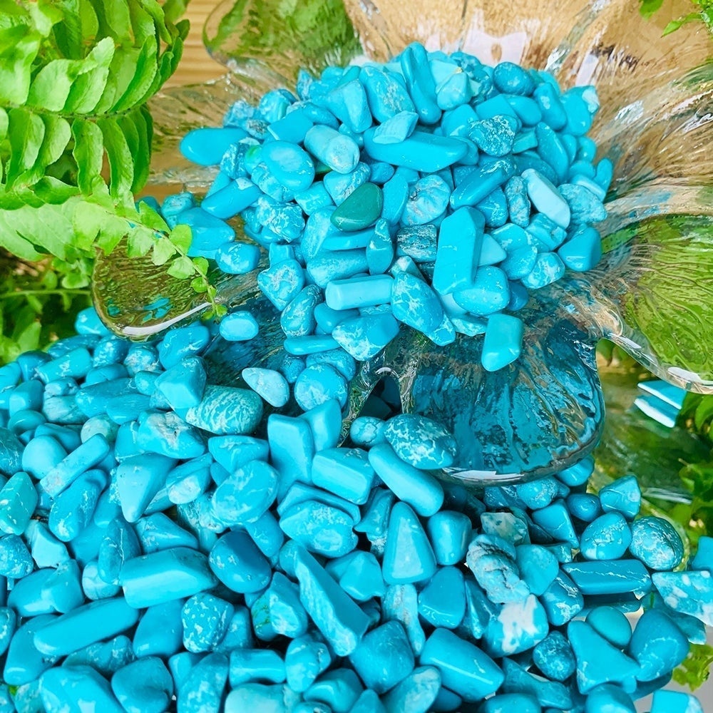 Blue howlite mini gemstones heaped in and around a clear glass dish beside a fern