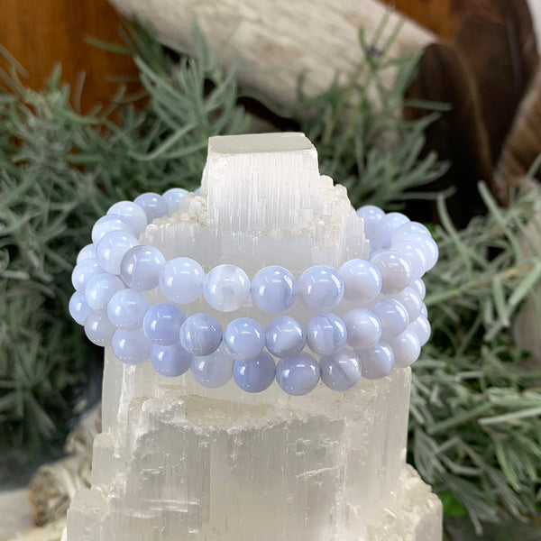 Mala Blue Lace Agate Bracelet With Velvet Pouch