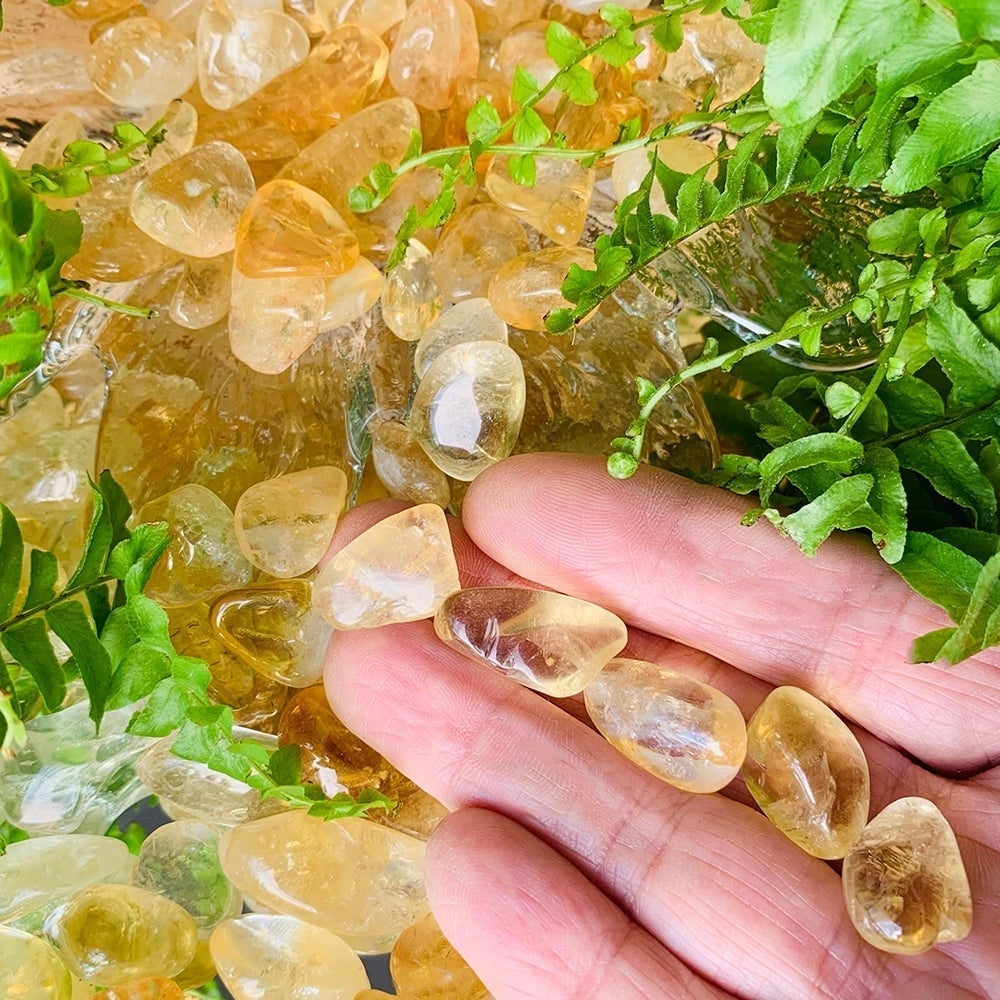 Tumbled citrine mini gemstones resting across the fingers of one hand above a glass dish full of more citrine and green ferns