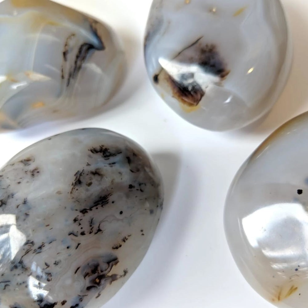 Close-up of several polished chalcedony palmstones, each with its own cloudy gray tones and dark speckles