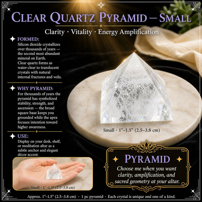 Small clear quartz pyramid on a marble dish, with an inset of it sitting in an open palm