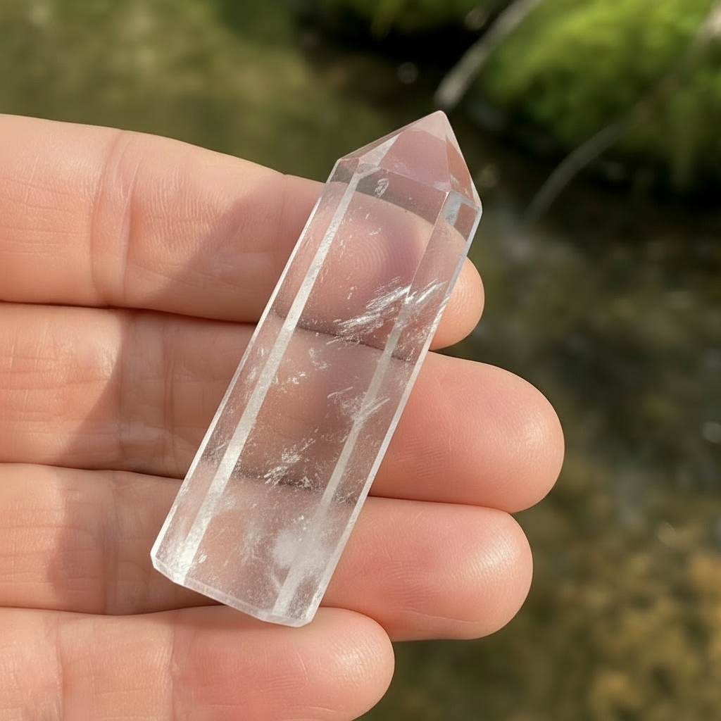 A clear quartz mini point with wispy internal veils resting across the fingers of a hand beside a stream