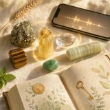 Money Magnet Mindset digital crystal bundle: six abundance crystals (citrine, pyrite, tiger's eye, green aventurine, clear quartz, Afghan jade) plus the meditation phone player and the illustrated guidebook, on cream linen.